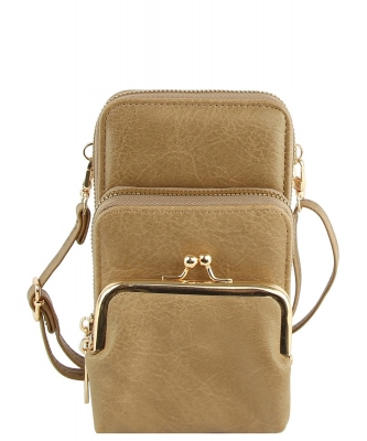 Fashion Kiss Lock Crossbody Bag Cell Phone Purse LMS207 MOCHA